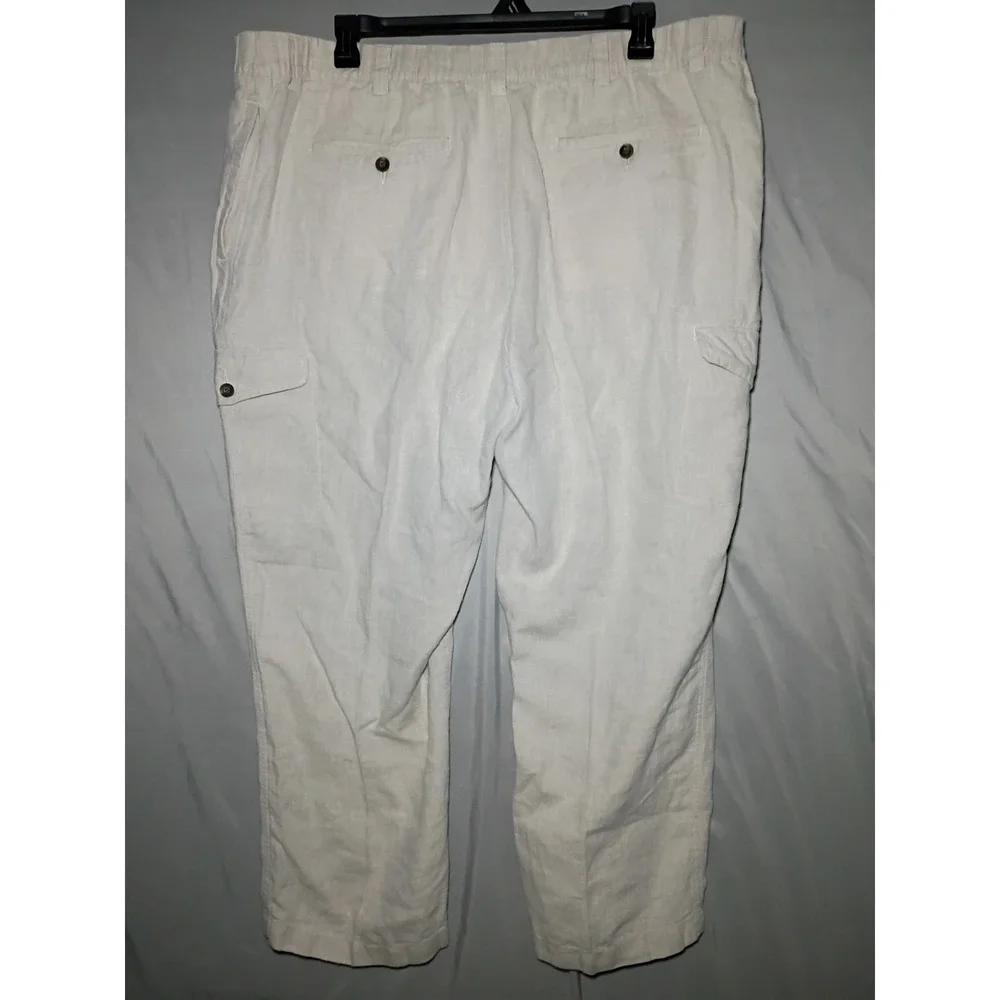 Caribbean Brand Cargo Pants Mens 36x30 Ivory 100% Linen Drawstring Beach Casual - Picture 9 of 9